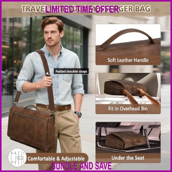 Vintage Messenger Bag Fits 15.6 Inch Laptop, PU Leather, Multiple Compartments - Picture 6 of 7